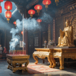 Interior kelenteng Konghucu dengan altar dan lilin merah